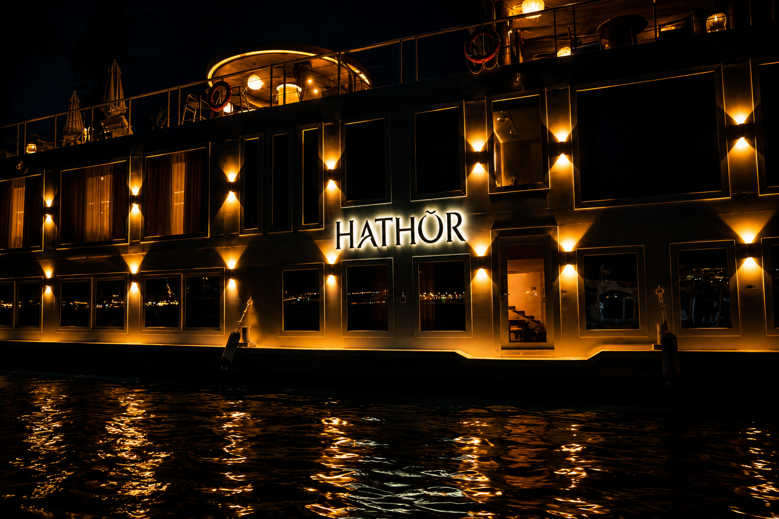 Illuminated Hathor Dahabiya at night